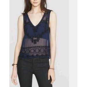 Free People Run With It Embellished Tank Womens S Blue Sheer Beaded Top Blouse